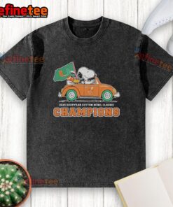 Alt Text: Premium Miami Hurricanes t-shirt featuring Snoopy and Woodstock celebrating Cotton Bowl Classic champions.