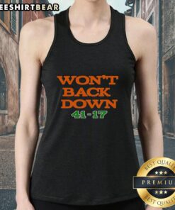 Premium Miami Hurricanes Won't Back Down 41-17 tank top featuring bold team logo and vibrant colors for fans.