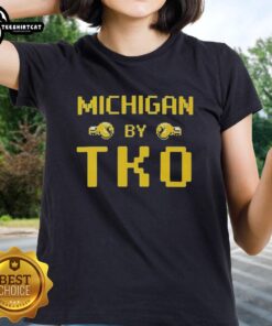 Alt Text: Premium Michigan by TKO Jon Rothstein Classic Video Game Ladies Tee featuring vibrant graphics and comfortable fit.
