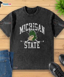 Premium Michigan State Spartans hockey vintage logo washed t-shirt, perfect for fans and casual wear.