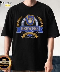 Alt Text: Premium Milwaukee Brewers National League Cooperstown Crest T-Shirt featuring team logo and vintage design in navy blue.