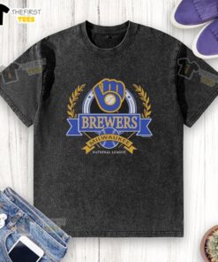 Premium Milwaukee Brewers National League Cooperstown Crest Washed T-Shirt in soft fabric, perfect for fans and casual wear.