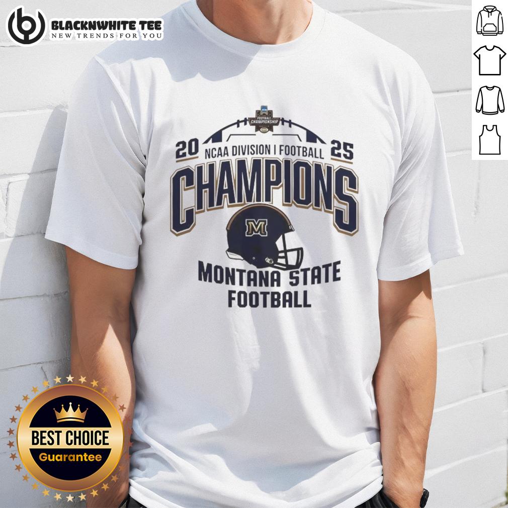Premium Montana State Bobcats NCAA Division I Football Champions 2025 Helmet Logo T-Shirt Alt Text: Premium Montana State Bobcats NCAA Division I Football Champions 2025 helmet logo t-shirt design in blue and gold.