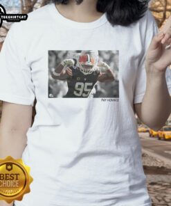 Premium Myles Garrett Pay Homage Ladies Tee featuring stylish design and vibrant colors for female fans of football.