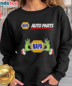 Premium Napa Auto Parts X Grinch Hands Merry Christmas Sweatshirt featuring festive design for holiday celebrations.