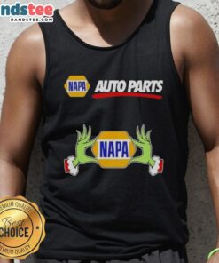 Premium Napa Auto Parts X Grinch hands Merry Christmas tank top design featuring festive colors and playful graphics.
