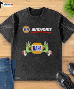 Premium Napa Auto Parts X Grinch Hands Merry Christmas washed t-shirt featuring a festive design and vibrant colors.