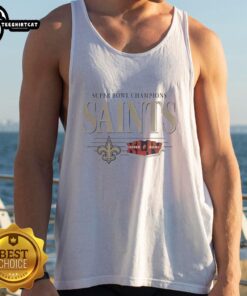 Alt Text: Premium New Orleans Saints Super Bowl Champions XLIV tank top featuring team logo and championship design.
