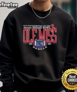 Premium Ole Miss Rebels CFP Allstate Sugar Bowl Champions 2026 sweatshirt in navy blue with vibrant team graphics.