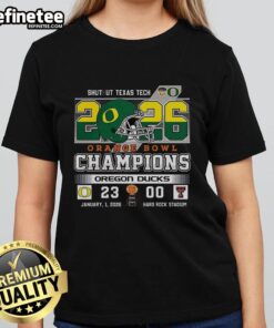 Alt Text: Premium Oregon Ducks Shutout Texas Tech Orange Bowl Score Champions Ladies Tee showcasing team spirit and style.