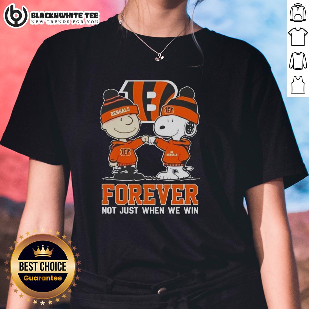 Premium Peanut Snoopy Charlie Brown Cincinnati Bengals Forever Not Just When We Win Ladies-Tee Alt Text: Premium Peanut Snoopy Charlie Brown Cincinnati Bengals t-shirt for ladies, celebrating fandom beyond game day.