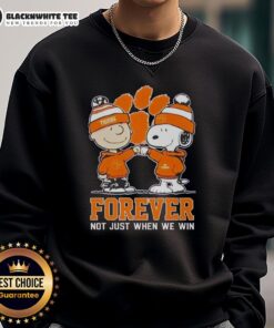 Premium Peanut Snoopy and Charlie Brown Clemson Tigers sweatshirt, featuring 'Forever, Not Just When We Win' slogan.