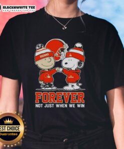 Alt Text: Premium Peanut Snoopy Charlie Brown Cleveland Browns Forever tee for ladies, perfect for fans celebrating team spirit.
