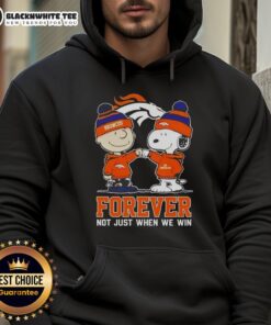 Premium Peanut Snoopy Charlie Brown Denver Broncos hoodie featuring 'Forever Not Just When We Win' design.