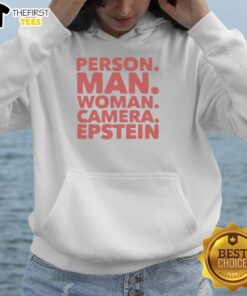 Premium person wearing an Epstein hoodie, posing with a camera, showcasing a stylish urban look for men and women.