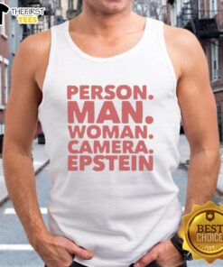 Premium person wearing a tank top, posing with a camera, showcasing a stylish Epstein design for men and women.