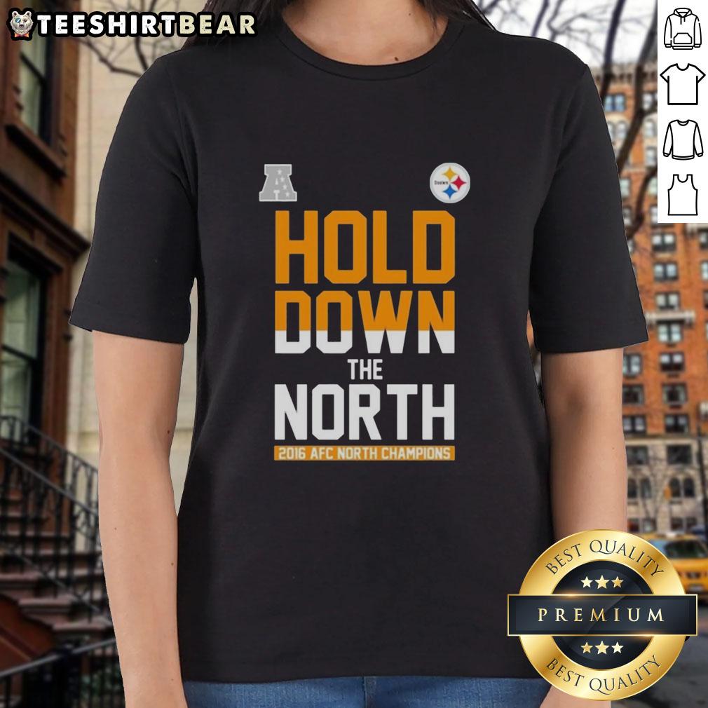 premium-pittsburgh-steelers-hold-down-the-north-afc-north-champions-2016-ladies-tee Premium Pittsburgh Steelers Hold Down the North AFC North Champions 2016 Ladies Tee in black and gold design.