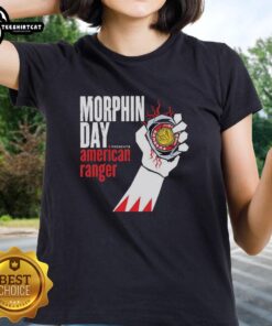 Alt Text: Premium Power Rangers Morphin Day American Range Ladies Tee featuring vibrant graphics and a comfortable fit.