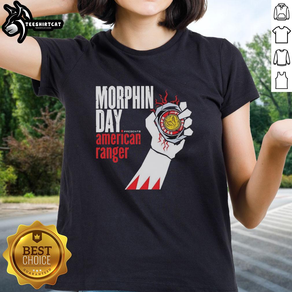 premium-power-rangers-morphin-day-presents-american-range-ladies-tee Alt Text: Premium Power Rangers Morphin Day American Range Ladies Tee featuring vibrant graphics and a comfortable fit.
