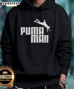 Alt Text: Premium Puma Man logo parody hoodie featuring a playful twist on the iconic design in stylish black and white.