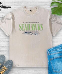 Premium Seattle Seahawks NFL Super Bowl Champions vintage logo washed t-shirt showcasing team pride and style.