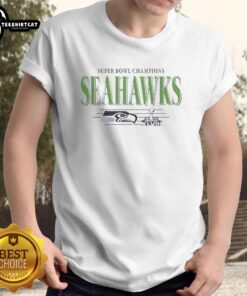 Alt Text: Vintage Premium Seattle Seahawks Super Bowl Champions XLVIII Trophy T-Shirt featuring iconic team logo and colors.