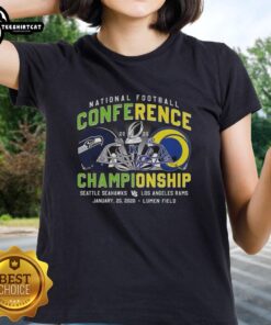 2025 Premium Seattle Seahawks vs Los Angeles Rams NFC helmet graphic on a ladies tee shirt, perfect for fans.