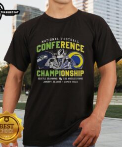 Premium Seattle Seahawks vs Los Angeles Rams NFC Helmet T-Shirt 2025 featuring vibrant team logos and stylish design.