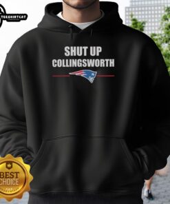 Premium Shut Up Collinsworth New England Patriots Hoodie in navy with team logo, perfect for fans and casual wear.