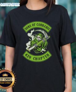 Premium Skull Son of Cannabis 420 Chapter Grim Reaper Logo Ladies Tee, stylish and edgy design for cannabis enthusiasts.