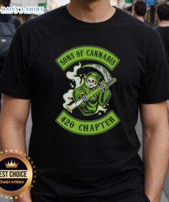 Alt Text: Premium Skull Son Of Cannabis 420 Chapter Grim Reaper Logo T-Shirt featuring a unique skull design and bold graphics.