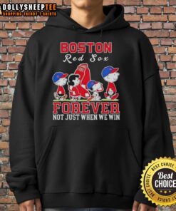 Premium Snoopy and Charlie Brown Boston Red Sox baseball hoodie, featuring 'Forever Not Just When We Win' design.
