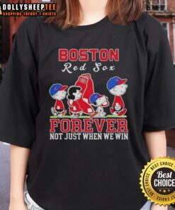Premium Snoopy and Charlie Brown Boston Red Sox baseball ladies tee, perfect for fans who love the game year-round.