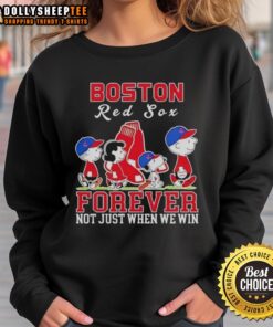 Alt Text: Premium Snoopy and Charlie Brown Boston Red Sox sweatshirt with Forever, Not Just When We Win slogan.