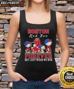 Premium Snoopy and Charlie Brown Boston Red Sox baseball tank top featuring 'Forever, Not Just When We Win' design.