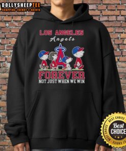 Premium Snoopy and Charlie Brown Los Angeles Angels baseball hoodie, celebrating fandom with 'Forever, Not Just When We Win' design.