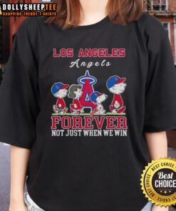 Premium Snoopy and Charlie Brown Los Angeles Angels baseball tee for ladies, celebrating fandom beyond just winning.
