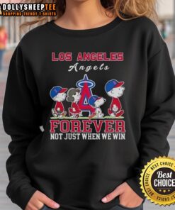 Alt Text: Premium Snoopy and Charlie Brown Los Angeles Angels baseball sweatshirt, perfect for fans celebrating every game.