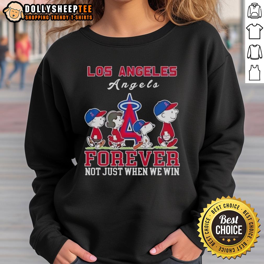 Premium Snoopy And Charlie Brown Los Angeles Angels Baseball Forever Not Just When We Win Sweatshirt Alt Text: Premium Snoopy and Charlie Brown Los Angeles Angels baseball sweatshirt, perfect for fans celebrating every game.