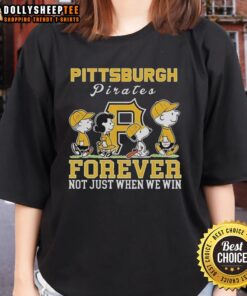 Premium Snoopy and Charlie Brown Pittsburgh Pirates Baseball Forever tee for ladies, celebrating team spirit.