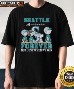 Alt Text: Premium Snoopy and Charlie Brown Seattle Mariners Baseball T-Shirt, Forever Not Just When We Win design.