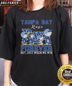 Alt Text: Premium Snoopy and Charlie Brown Tampa Bay Rays Forever tee for ladies, celebrating team spirit and loyalty.