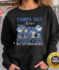 Alt Text: Premium Snoopy and Charlie Brown Tampa Bay Rays sweatshirt featuring Forever Not Just When We Win design.
