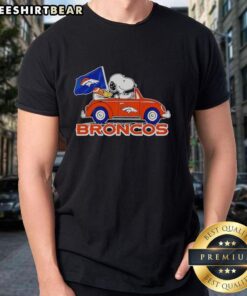 Premium Snoopy and Woodstock driving in a Denver Broncos football T-shirt, perfect for fans and collectors.