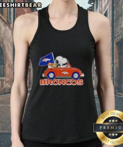 Premium Snoopy and Woodstock driving Denver Broncos football tank top for fans, featuring vibrant graphics and playful design.