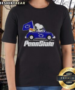 Alt Text: Premium Snoopy and Woodstock driving Penn State Nittany Lions ladies tee, perfect for fans and stylish game day wear.