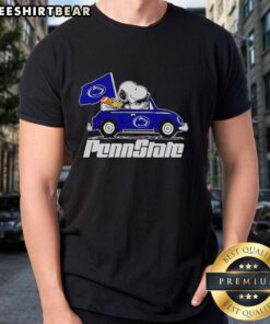 Alt Text: Premium Snoopy and Woodstock driving Penn State Nittany Lions T-shirt featuring vibrant graphics and a fun design.