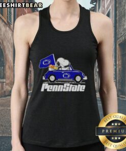 Alt Text: Premium Snoopy and Woodstock driving graphic on a Penn State Nittany Lions tank top for fans and collectors.