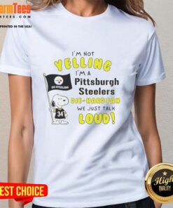 Premium Snoopy tee for die-hard Pittsburgh Steelers fans, featuring 'I'm Not Yelling, I'm Just Talking Loud' design.