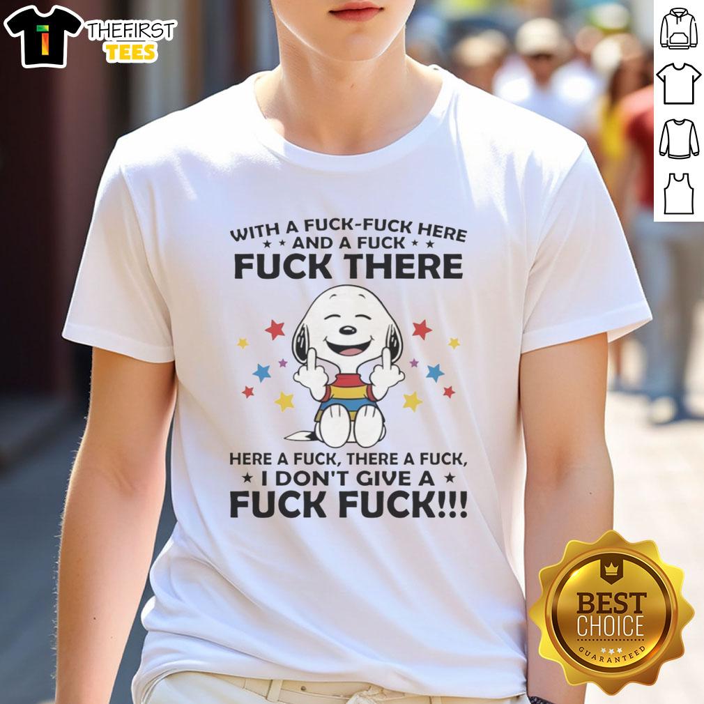 premium-snoopy-middle-finger-with-a-fck-fck-here-and-a-fck-fck-there-here-a-fck-there-a-fck-t-shirt Premium Snoopy middle finger graphic t-shirt with playful 'Fck-Fck' text design for casual, humorous fashion.